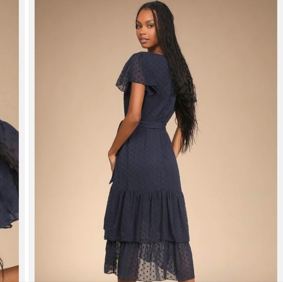 Lulu's Have Harmony Navy Blue Swiss Dot Ruffled Faux Wrap Midi Dress  sz Lrg NWT - Picture 11 of 11